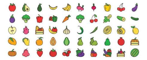 collection d'icônes liées aux fruits et légumes, y compris des icônes comme la pomme, l'avocat, la banane, la carotte et plus encore. illustrations vectorielles, ensemble parfait de pixels vecteur