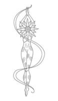 femme mystique dessinée à la main avec tête de soleil en dessin au trait. silhouette abstraite spirituelle jeune femme avec ruban. talisman ésotérique. illustration vectorielle isolée sur fond blanc. vecteur
