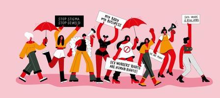 journée internationale pour mettre fin à la violence contre les travailleuses du sexe. les gens protestent avec des pancartes, un mégaphone et un parapluie rouge vecteur