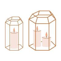 lampe de poche dorée pour un mariage. vase tiffany en métal et verre. bougie et cosy. lumière flamme vecteur