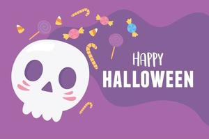 crâne de dessin animé halloween heureux et carte de bonbons sucrés vecteur