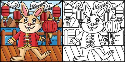 lapin avec illustration de coloriage de lanterne chinoise vecteur