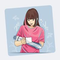 conception ultramoderne. jeune fille confiante avec un bras de prothèse bionique élégant tenant une tasse de thé illustration vectorielle téléchargement gratuit vecteur