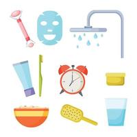 ensemble d'éléments de routine du matin - peigne, crème, douche, masseur, dentifrice et brosse, bouillie et réveil. affaires courantes. réveil précoce. illustration de dessin animé de vecteur. vecteur