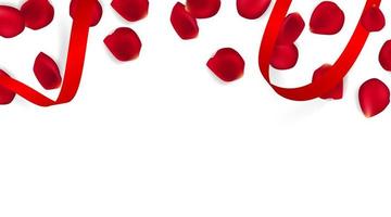 composition festive de la saint-valentin avec deux pétales de rose rouges et ruban rouge sur fond blanc. illustration vectorielle vue de dessus. conception de bannière de fête des mères vecteur