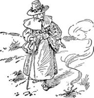 vieille femme et son cochon, illustration vintage vecteur