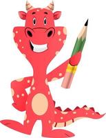 dragon rouge tient un crayon, illustration, vecteur sur fond blanc.
