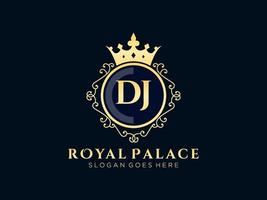 lettre dj logo victorien de luxe royal antique avec cadre ornemental. vecteur