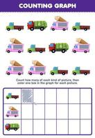 jeu d'éducation pour les enfants comptez combien de dessin animé mignon camion de crème glacée camion à ordures puis coloriez la case dans le graphique feuille de travail de transport imprimable vecteur
