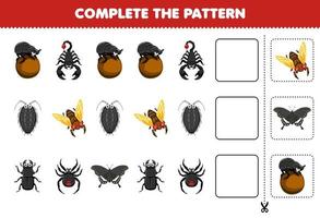 jeu d'éducation pour les enfants compléter le modèle de dessin animé mignon coléoptère scorpion pou cigale araignée papillon feuille de calcul de bogue imprimable vecteur