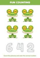 jeu éducatif pour les enfants compter les images et colorier le nombre correct de la feuille de travail imprimable de grenouille verte de dessin animé mignon vecteur