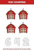 jeu éducatif pour les enfants compter les images et colorier le nombre correct de la feuille de travail imprimable de la ferme de la grange de dessin animé mignon vecteur