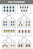 jeu éducatif pour les enfants amusant compter l'image dans chaque boîte de feuille de calcul de bogue imprimable de scarabée de dessin animé mignon vecteur