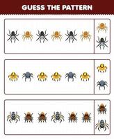 jeu éducatif pour les enfants devinez le motif chaque rangée de la feuille de calcul de bogue imprimable d'araignée de dessin animé mignon vecteur