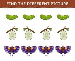 jeu éducatif pour les enfants trouver l'image différente dans chaque rangée de dessin animé mignon chenille cocon papillon feuille de calcul de bogue imprimable vecteur