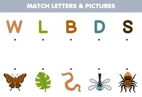 jeu éducatif pour les enfants match lettres et images de dessin animé mignon papillon feuille ver libellule araignée feuille de calcul de bogue imprimable vecteur