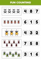 jeu éducatif pour les enfants amusant compter et choisir le bon nombre de feuille de calcul de bogue imprimable de scarabée de dessin animé mignon vecteur