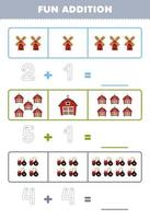 jeu éducatif pour les enfants addition amusante en comptant et en traçant le nombre de dessin animé mignon moulin à vent grange tracteur feuille de travail de ferme imprimable vecteur