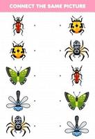 jeu éducatif pour les enfants connecter la même image de dessin animé mignon coléoptère coccinelle papillon libellule araignée feuille de calcul de bogue imprimable vecteur