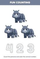 jeu éducatif pour les enfants compter les images et colorier le nombre correct de la feuille de travail imprimable de rhinocéros gris de dessin animé mignon vecteur