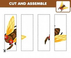 jeu éducatif pour les enfants, pratique de coupe et assemblage de puzzle avec une feuille de calcul de bogue imprimable de cigale de dessin animé mignon vecteur