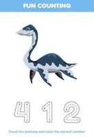 jeu éducatif pour les enfants compter les images et colorier le nombre correct de la feuille de travail de dinosaure préhistorique imprimable de dessin animé mignon plesiosaurus vecteur