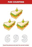 jeu éducatif pour les enfants comptez les images et coloriez le nombre correct de la feuille de travail alimentaire imprimable de sandwich de dessin animé mignon vecteur