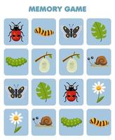 jeu d'éducation pour les enfants mémoire pour trouver des images similaires de dessin animé mignon coccinelle ver à soie papillon chenille cocon escargot feuille de calcul de bogue imprimable vecteur