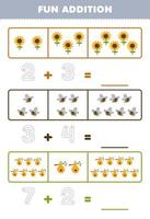 jeu éducatif pour les enfants addition amusante en comptant et en traçant le nombre de feuilles de travail imprimables de ruche d'abeille de tournesol de dessin animé mignon vecteur