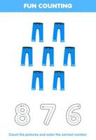 jeu éducatif pour les enfants compter les images et colorier le nombre correct de la feuille de travail imprimable de vêtements portables de blue jean de dessin animé vecteur