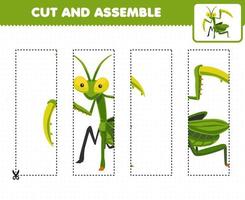 jeu éducatif pour les enfants, pratique de coupe et assemblage de puzzle avec une feuille de calcul imprimable de bogue de mante verte de dessin animé mignon vecteur