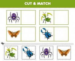 jeu éducatif pour les enfants couper et assortir la même image de dessin animé mignon araignée mante papillon de nuit feuille de calcul de bogue imprimable vecteur