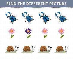 jeu éducatif pour les enfants trouver l'image différente dans chaque rangée de dessin animé mignon coléoptère fleur escargot feuille de calcul de bogue imprimable vecteur