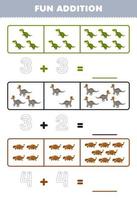 jeu éducatif pour les enfants addition amusante en comptant et en traçant le nombre de dessin animé mignon lambeosaurus ankylosaurus feuille de travail de dinosaure préhistorique imprimable vecteur