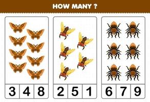 jeu éducatif pour les enfants compter combien de dessin animé mignon papillon de nuit cigale tarentule feuille de calcul de bogue imprimable vecteur