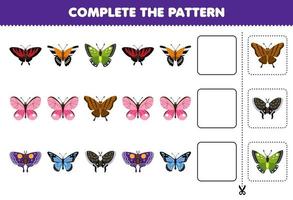 jeu éducatif pour les enfants compléter le modèle de feuille de calcul de bogue imprimable papillon de dessin animé mignon vecteur