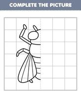 jeu d'éducation pour les enfants compléter l'image de la demi-mouche de dessin animé mignon pour dessiner une feuille de calcul de bogue imprimable vecteur