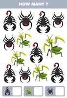 jeu éducatif pour les enfants recherchant et comptant combien d'objets de dessin animé mignon scorpion mante araignée feuille de calcul de bogue imprimable vecteur