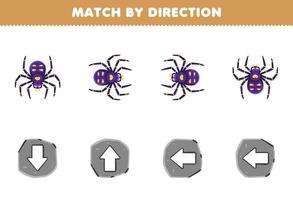 jeu éducatif pour les enfants match par direction gauche droite orientation vers le haut ou vers le bas de la feuille de calcul de bogue imprimable d'araignée de dessin animé mignon vecteur