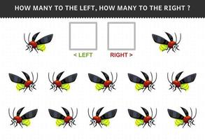 jeu éducatif pour les enfants match par direction gauche droite orientation vers le haut ou vers le bas de la feuille de calcul de bogue imprimable luciole de dessin animé mignon vecteur