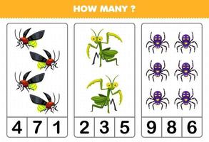 jeu d'éducation pour les enfants comptant combien de dessin animé mignon luciole mante araignée feuille de calcul de bogue imprimable vecteur