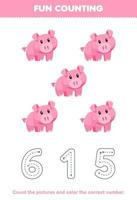 jeu éducatif pour les enfants compter les images et colorier le nombre correct de la feuille de travail imprimable de cochon rose de dessin animé mignon vecteur
