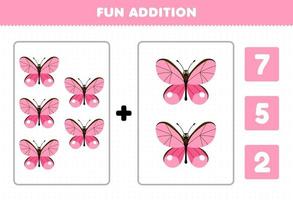 jeu éducatif pour les enfants addition amusante par comptage et choisissez la bonne réponse de la feuille de calcul imprimable de bogue de dessin animé mignon papillon rose vecteur