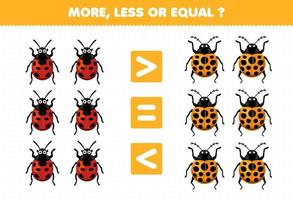 jeu éducatif pour les enfants plus moins ou égal compter la quantité de feuille de calcul de bogue imprimable coccinelle de dessin animé mignon vecteur