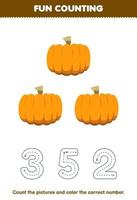jeu éducatif pour les enfants comptez les images et coloriez le nombre correct à partir de la feuille de calcul de légumes à imprimer de citrouille de dessin animé mignon vecteur
