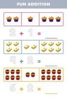 jeu éducatif pour les enfants addition amusante en comptant et en traçant le nombre de dessin animé mignon muffin sandwich cupcake feuille de travail alimentaire imprimable vecteur