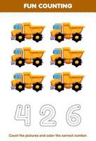 jeu éducatif pour les enfants compter les images et colorier le nombre correct de la feuille de travail imprimable de transport de camion à benne basculante de dessin animé mignon