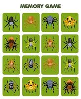 jeu éducatif pour la mémoire des enfants pour trouver des images similaires de feuille de calcul de bogue imprimable araignée de dessin animé mignon vecteur
