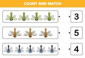 jeu éducatif pour les enfants comptez le nombre de libellules de dessin animé mignon et faites correspondre avec les bons numéros feuille de calcul de bogue imprimable vecteur