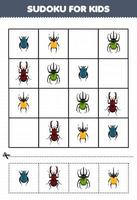 jeu éducatif pour les enfants sudoku pour les enfants avec une feuille de calcul de bogue imprimable de scarabée de dessin animé mignon vecteur